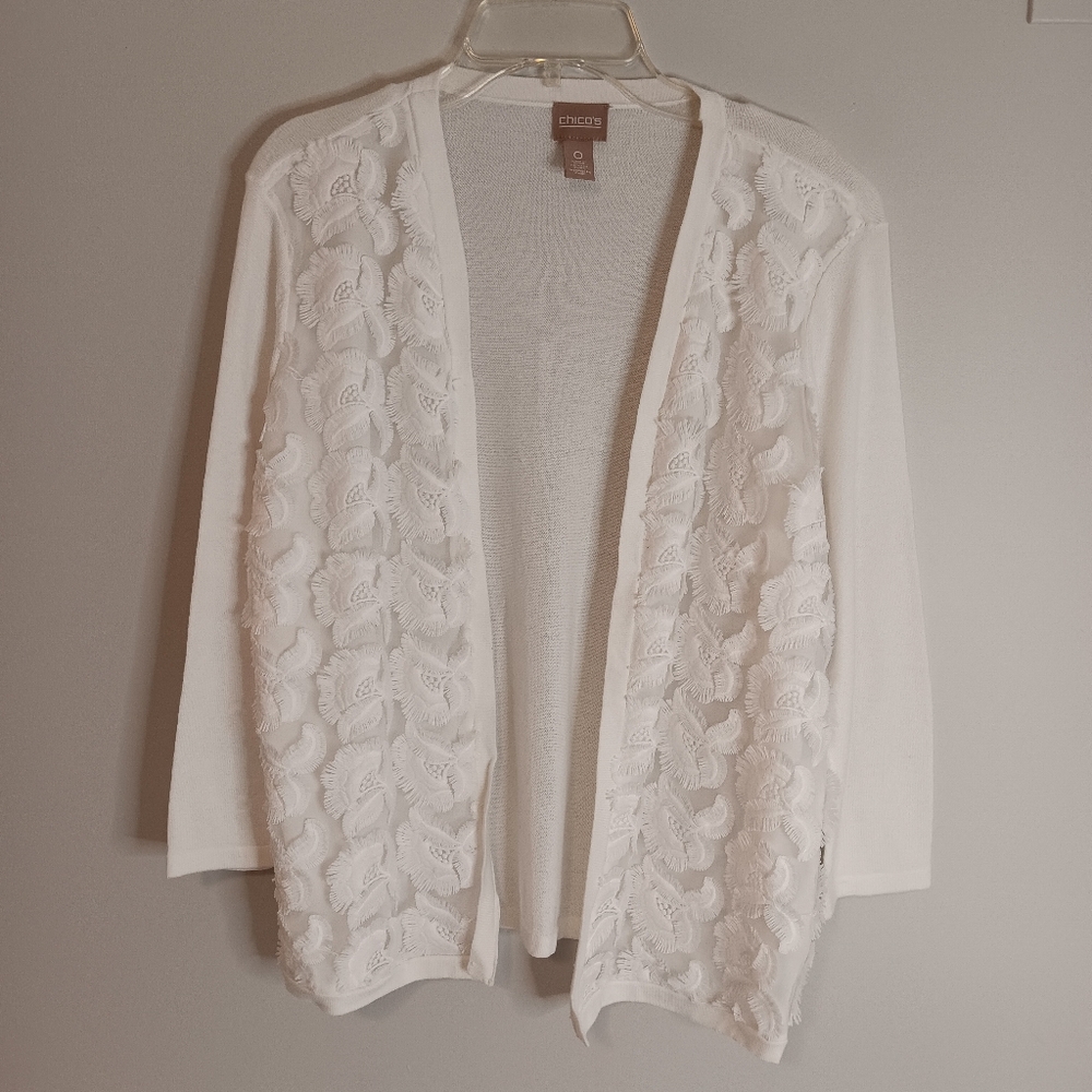 Chicos Lightweight Floral Cardigan White Open Front  Sz 0 Womens Small